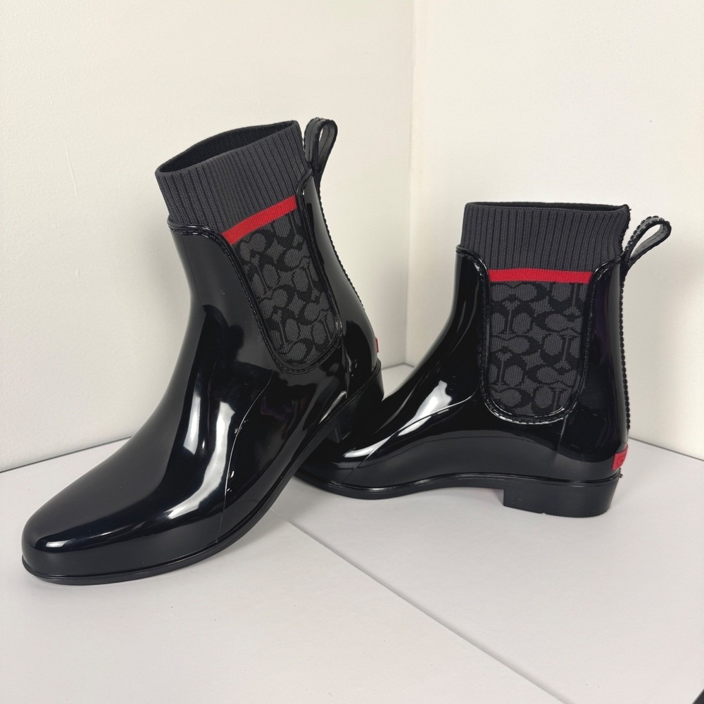 Women's Coach Rivington Rain Booties Black Rubber Boots Sz 7 Slip On - Picture 13 of 15
